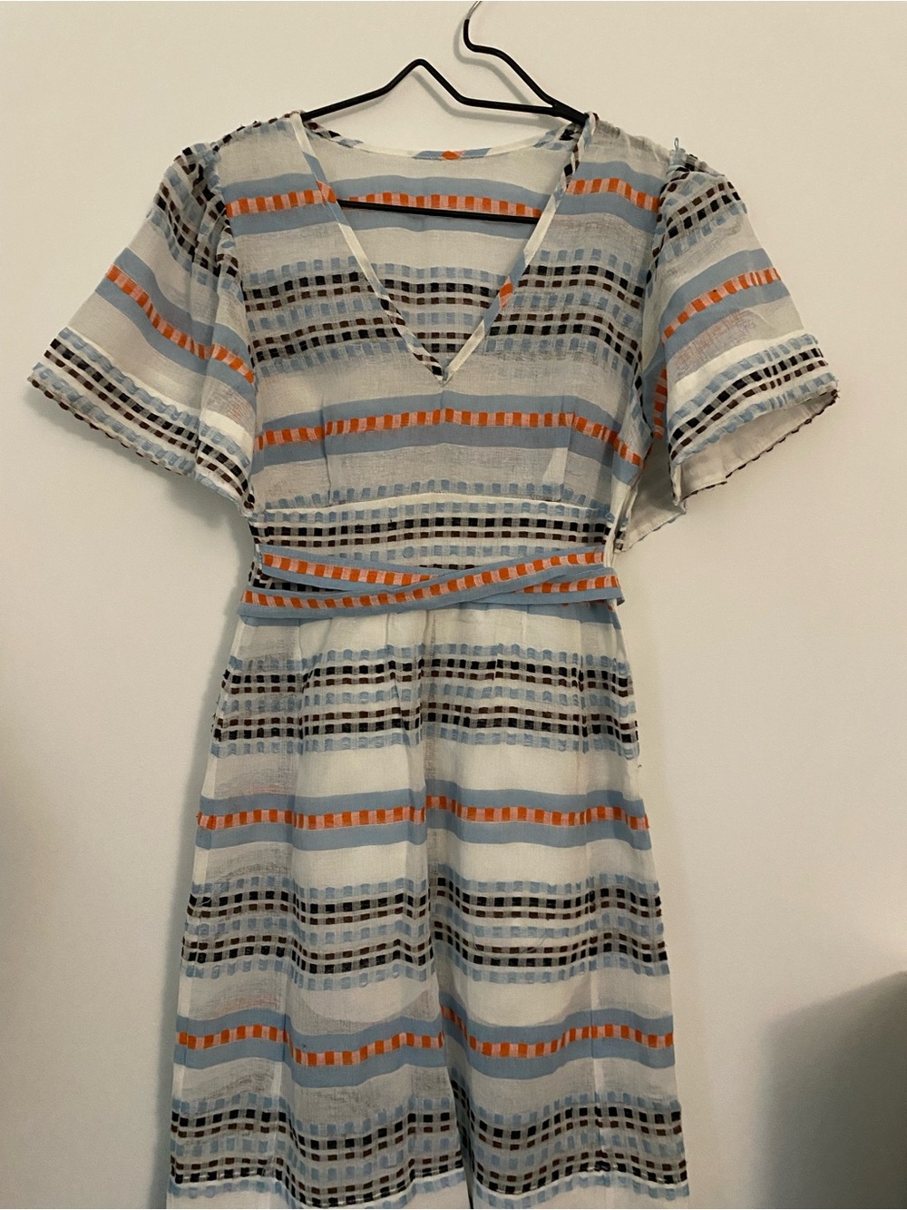 Striped Sheer V-Neck Midi Dress in Light Blue and Orange